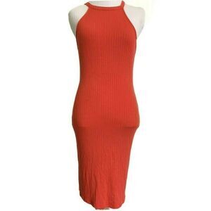 IRIS Summer Fitted Stretch High Neck Halter Mini Dress Ribbed Slinky Coral L